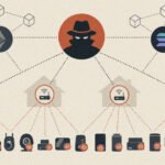 A visual representation of a distributed botnet network, with blockchain links symbolizing its command and control infrastructure.