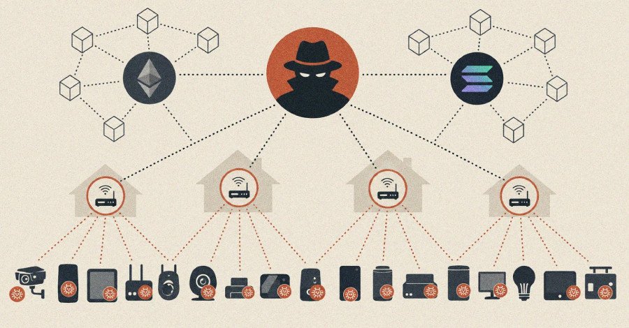 A visual representation of a distributed botnet network, with blockchain links symbolizing its command and control infrastructure.