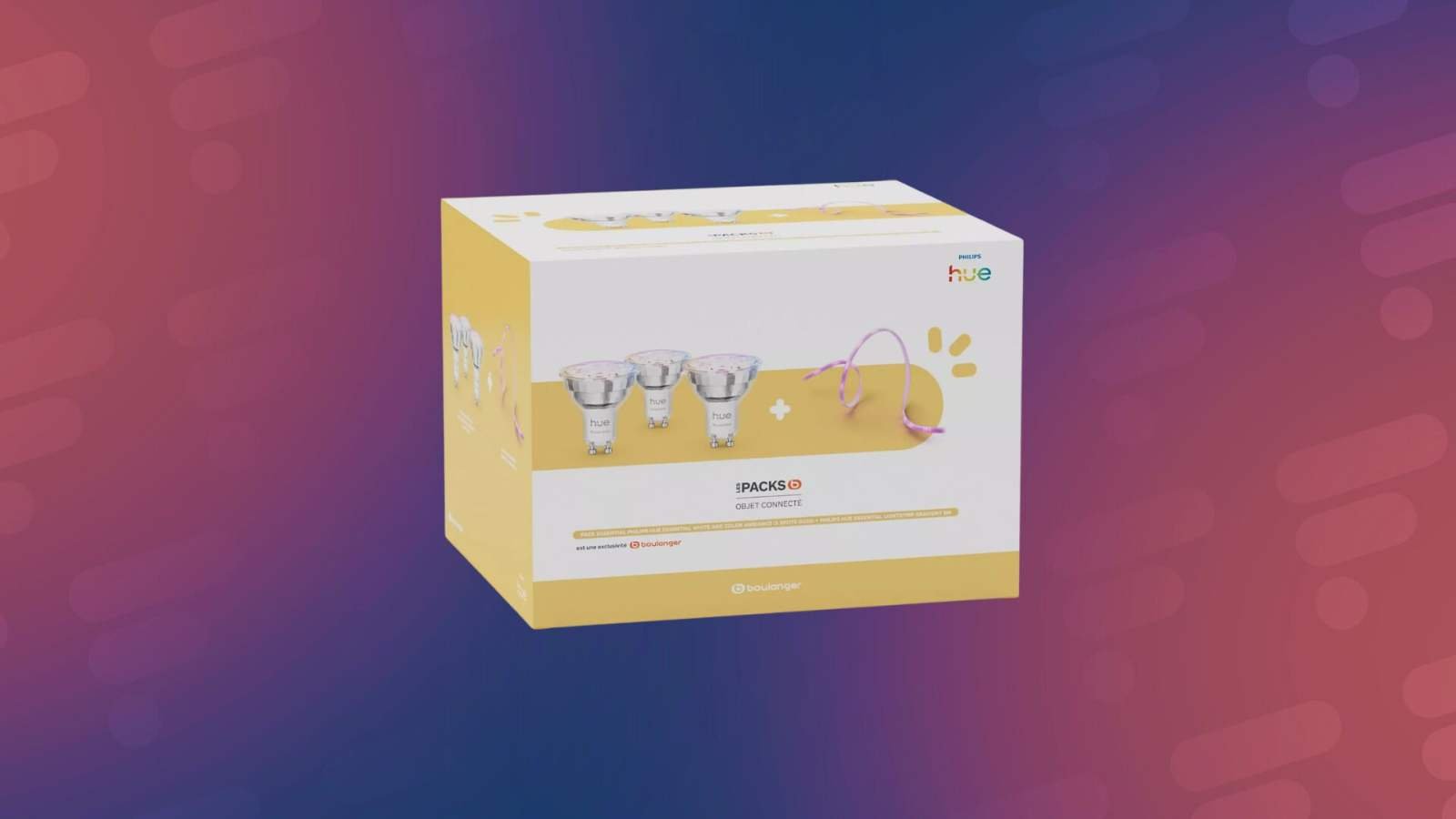 Éclairage Connecté : Le Pack Philips Hue Essentials Brille chez Boulanger avec une Offre Incontournable ! 3 Un pack Philips Hue Essentials avec trois ampoules GU10 et une bande lumineuse LED de cinq mètres, posés sur une surface claire, illustrant l'offre promotionnelle.