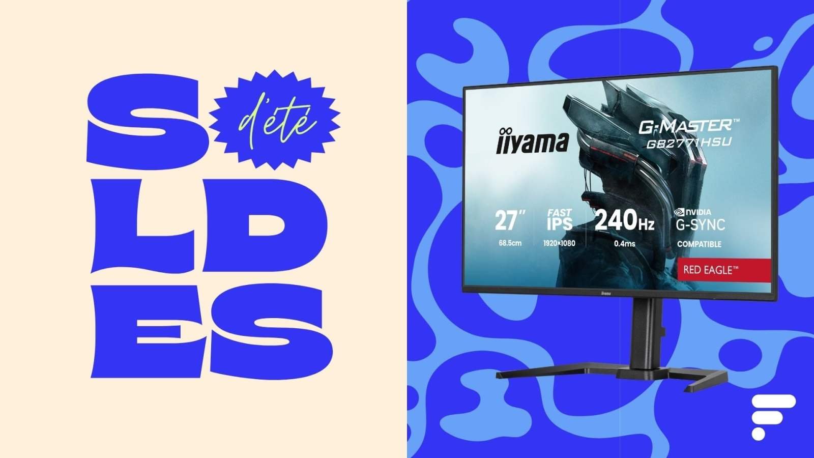 Image d'un écran PC gamer Iiyama G-Master Red Eagle de 27 pouces affichant un jeu vidéo rapide, avec son pied ergonomique visible.