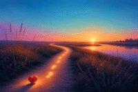 A person walking on a long, winding road towards a distant horizon, symbolizing a journey of love and self-discovery.