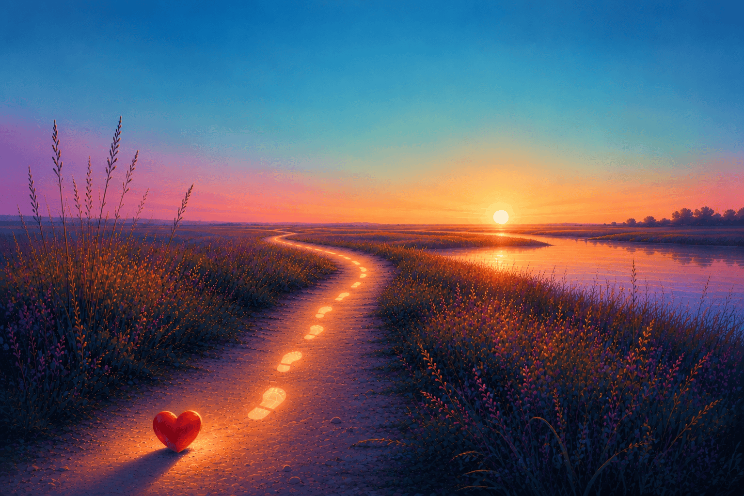 A person walking on a long, winding road towards a distant horizon, symbolizing a journey of love and self-discovery.