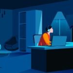 Person juggling multiple laptops or tasks, symbolizing moonlighting in tech