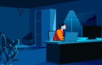 Person juggling multiple laptops or tasks, symbolizing moonlighting in tech