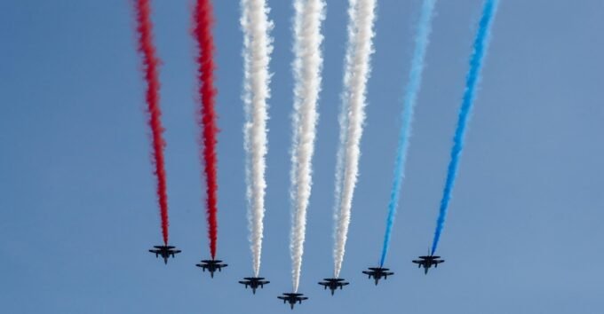 French fighter jets performing a flyover during the Sail4th 250 Tall Ships Parade along the Hudson River in New York on July 4th, 2026.