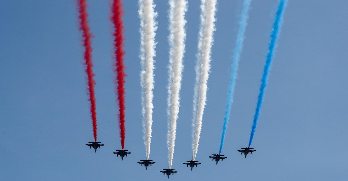 French fighter jets performing a flyover during the Sail4th 250 Tall Ships Parade along the Hudson River in New York on July 4th, 2026.