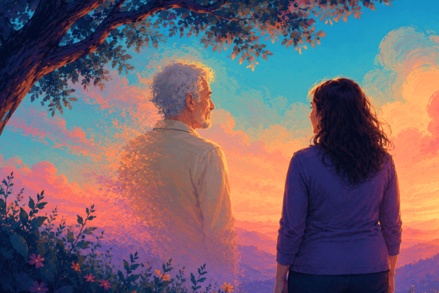 A daughter holding her aging father's hand, symbolizing support and love during illness.