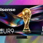 A sleek, thin Hisense UR9 RGB MiniLED television on a stand, showcasing its modern design.