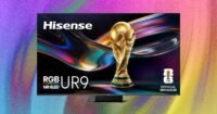 A sleek, thin Hisense UR9 RGB MiniLED television on a stand, showcasing its modern design.