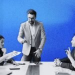 A leader calmly addressing a team during a challenging business period, demonstrating transparent communication and guiding them towards a clear path forward.