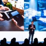 Illustration d'une interface futuriste de paiement ou d'achat en ligne, avec des éléments d'intelligence artificielle et de digitalisation du commerce.