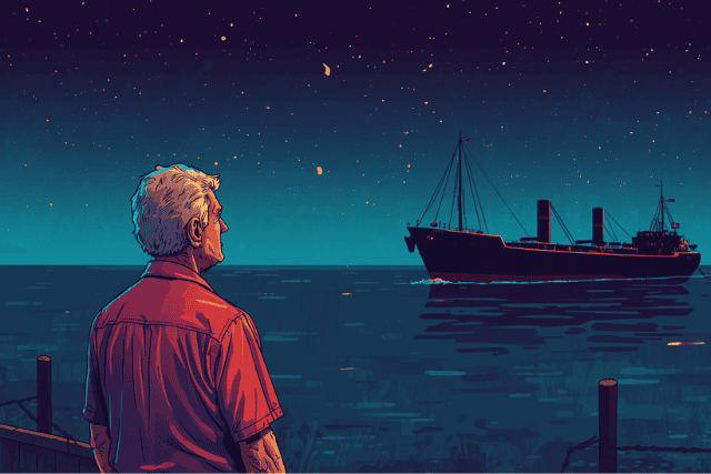 A large naval ship, the USS Cleveland, docked at a bustling pier, symbolizing a journey of self-discovery and embracing the unknown.