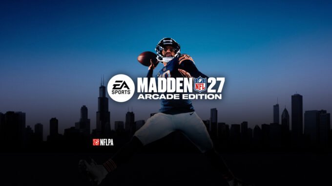 Madden NFL 27 Arcade Edition logo on a football field background with Apple devices