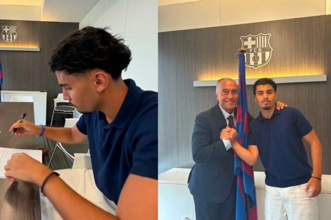 Le jeune talent marocain Mahdi El Maimouni posant avec le maillot du FC Barcelone après sa signature à La Masia.
