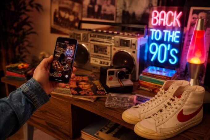 Réseaux sociaux: le marketing de la nostalgie s’impose comme un puissant levier d’engagement des marques 11 Illustration du marketing de la nostalgie sur les réseaux sociaux, avec des éléments visuels et sonores rétro des années 80, 90 et 2000, des logos vintage et des objets cultes, symbolisant le lien émotionnel entre les marques et les consommateurs.