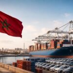 Carte du monde fragmentée avec le Maroc au centre, symbolisant sa position stratégique et sa croissance économique.