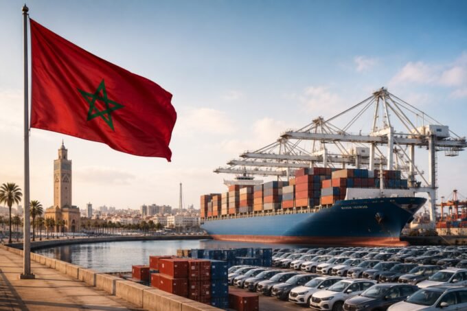 Carte du monde fragmentée avec le Maroc au centre, symbolisant sa position stratégique et sa croissance économique.