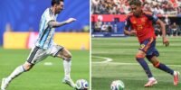 Lionel Messi et Lamine Yamal sur un terrain de football, symbolisant le passage de témoin entre deux générations de talents.