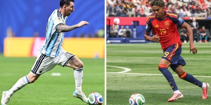 Messi vs Yamal : quand le maître rencontre son héritier 9 Lionel Messi et Lamine Yamal sur un terrain de football, symbolisant le passage de témoin entre deux générations de talents.