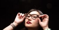 A close-up photo of Meta smart glasses, possibly showing the lens or frame detail.