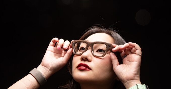 A close-up photo of Meta smart glasses, possibly showing the lens or frame detail.