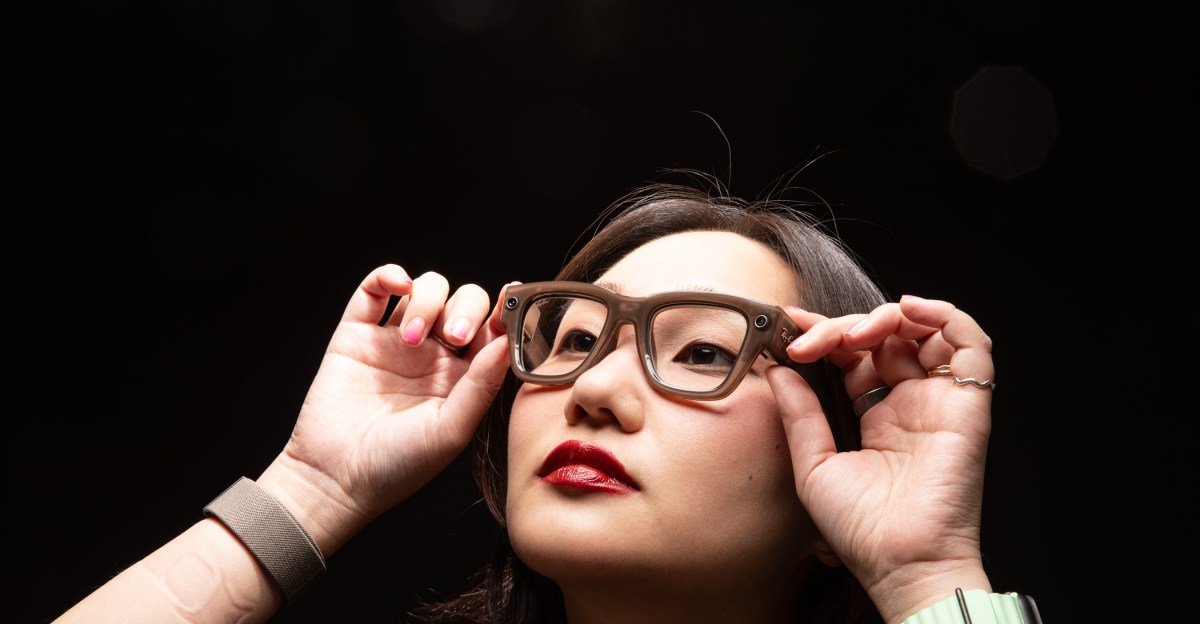 A close-up photo of Meta smart glasses, possibly showing the lens or frame detail.