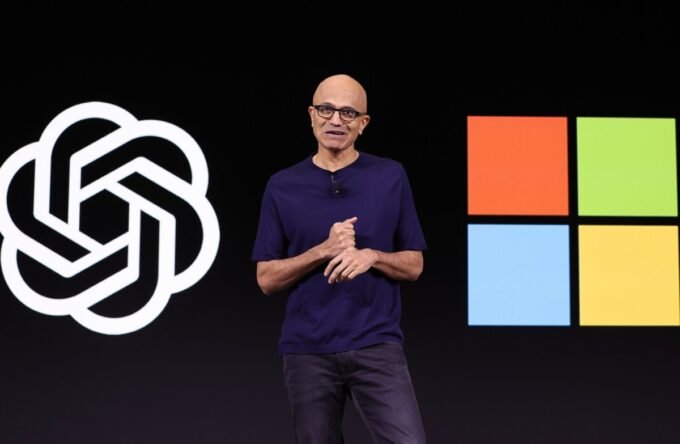 Microsoft logo alongside visual representations of AI models like Anthropic and OpenAI, symbolizing strategic investments.