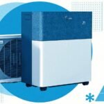 Illustration du climatiseur mobile Midea PortaSplit, montrant l'unité intérieure sur roulettes et l'unité extérieure compacte fixée à une fenêtre, avec le tube plat de connexion.