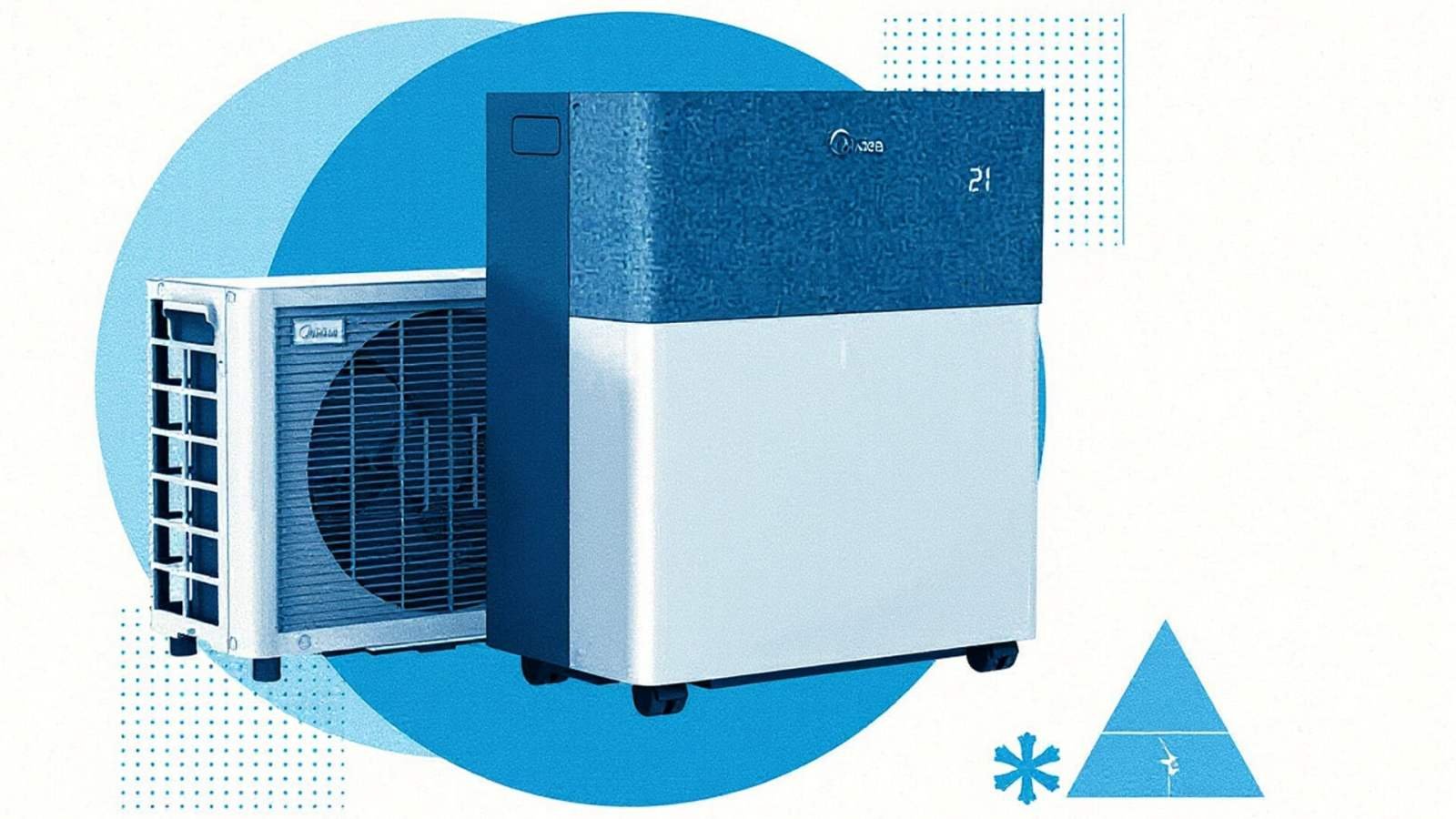 Illustration du climatiseur mobile Midea PortaSplit, montrant l'unité intérieure sur roulettes et l'unité extérieure compacte fixée à une fenêtre, avec le tube plat de connexion.