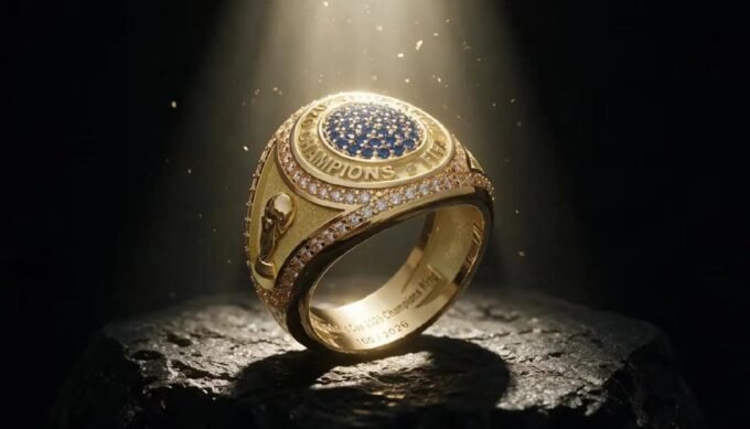 Une bague de champion du monde de la FIFA 2026, ornée du trophée et de pierres précieuses, symbolisant la victoire.