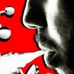 A person exhaling vapor from an e-cigarette, with a blurred background suggesting a city or industrial area, symbolizing the origin and spread of unregulated vape products.