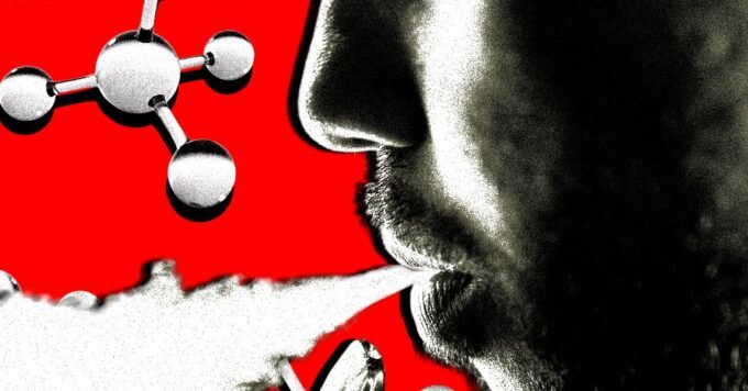 A person exhaling vapor from an e-cigarette, with a blurred background suggesting a city or industrial area, symbolizing the origin and spread of unregulated vape products.