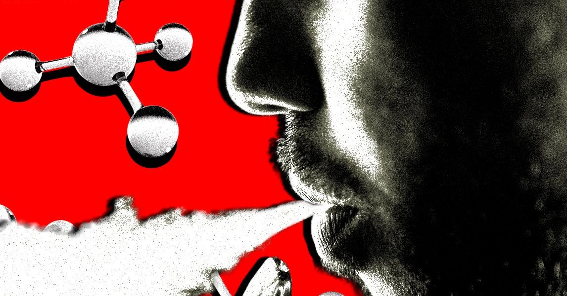 A person exhaling vapor from an e-cigarette, with a blurred background suggesting a city or industrial area, symbolizing the origin and spread of unregulated vape products.
