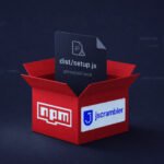 Illustration of a compromised npm package icon with a malicious binary being dropped, symbolizing a software supply chain attack.
