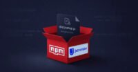 Illustration of a compromised npm package icon with a malicious binary being dropped, symbolizing a software supply chain attack.
