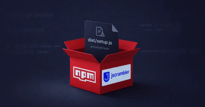 Illustration of a compromised npm package icon with a malicious binary being dropped, symbolizing a software supply chain attack.