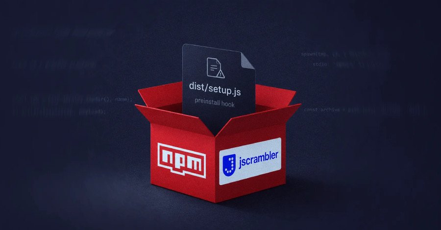 Illustration of a compromised npm package icon with a malicious binary being dropped, symbolizing a software supply chain attack.