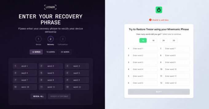 Illustration of OkoBot malware attacking a hardware wallet desktop application, showing a phishing prompt for a seed phrase.