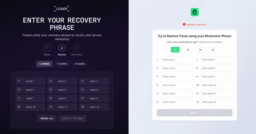 Illustration of OkoBot malware attacking a hardware wallet desktop application, showing a phishing prompt for a seed phrase.