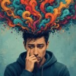 Illustration of a person with many tangled thoughts, representing overthinking and mental exhaustion.