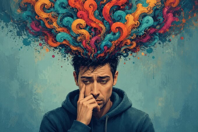 Illustration of a person with many tangled thoughts, representing overthinking and mental exhaustion.