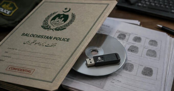 Cyber Espionage Storms Pakistan: Balochistan Police Portal Weaponized by State-Backed Hackers 9 Digital representation of a police badge with cyber threat indicators, symbolizing the cyber attack on Balochistan Police.