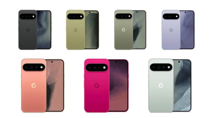 Render of a hot pink or magenta Google Pixel 11 smartphone next to a peach-colored Pixel 11, showcasing vibrant new color options.