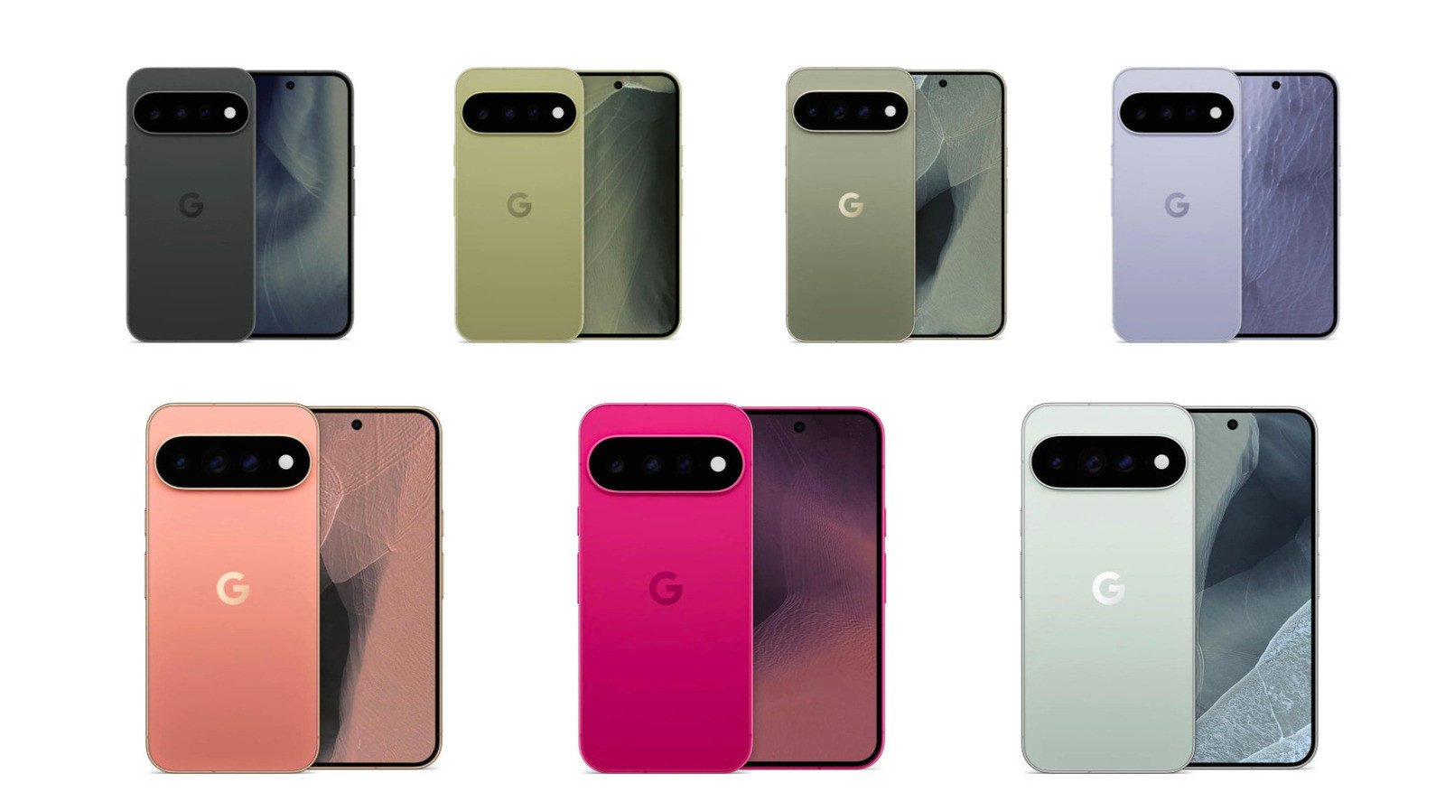 Render of a hot pink or magenta Google Pixel 11 smartphone next to a peach-colored Pixel 11, showcasing vibrant new color options.