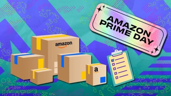 A vibrant collage of discounted tech products like a robot vacuum, headphones, and a smartwatch, set against an Amazon Prime Day Australia 2026 banner.