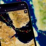 MarineTraffic map showing ship beacons in the Strait of Bab el-Mandeb, highlighting a critical global trade choke point.