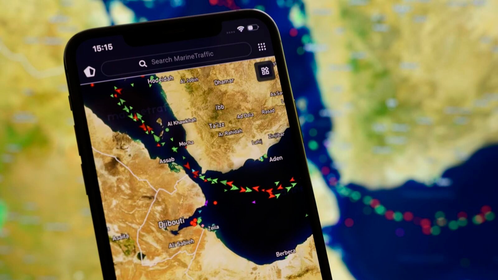 Red Sea Under Attack: New Incident Threatens Fragile Global Trade Routes 3 MarineTraffic map showing ship beacons in the Strait of Bab el-Mandeb, highlighting a critical global trade choke point.
