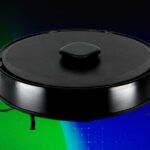 A sleek robot vacuum cleaning a modern living room, with a subtle overlay of a digital security lock icon.