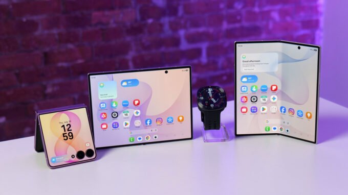 A lineup of Samsung Galaxy Z Fold 8 Ultra, Z Fold 8, Z Flip 8, Galaxy Watch 9, and Watch Ultra 2 devices displayed at Samsung Unpacked 2026.