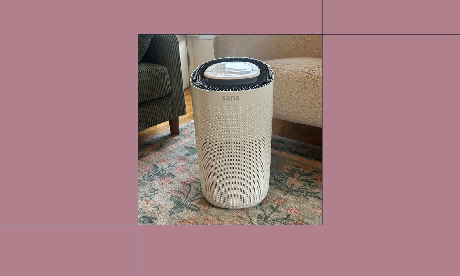 Sans Air Purifier unit in a clean home environment, symbolizing fresh air and wellness.